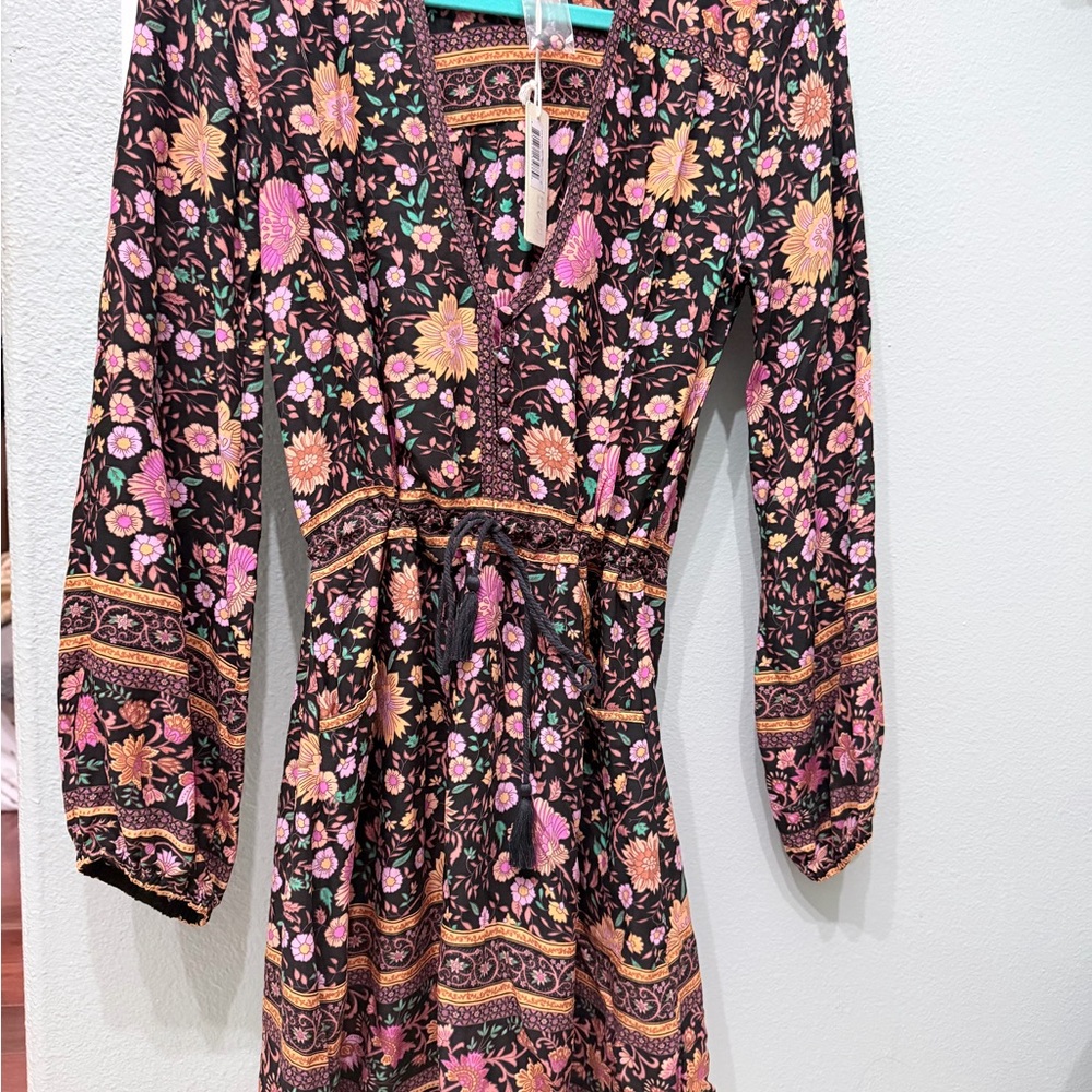 Spell Black Floral Long-Sleeve Tie-Waist Dress with Pink and Peach Accents